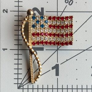 Vintage American Flag Rhinestone Brooch, gold toned clear, red, blue rhinestones